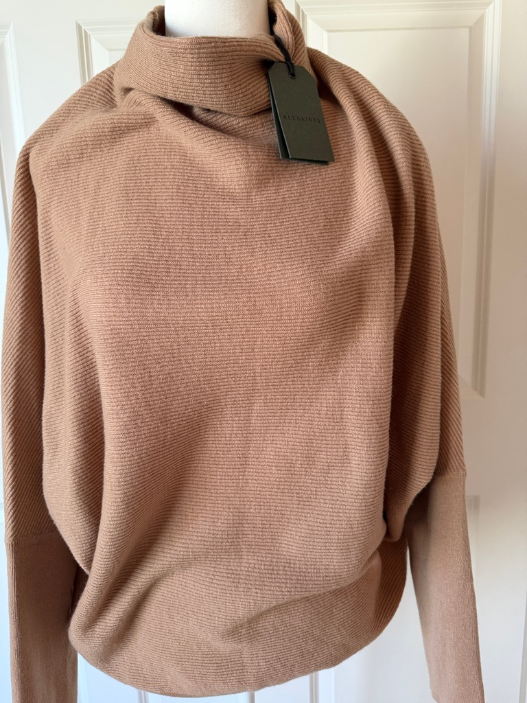All Saints Wool And Cashmere Camel Brown Ribbed Cowlneck Sweater